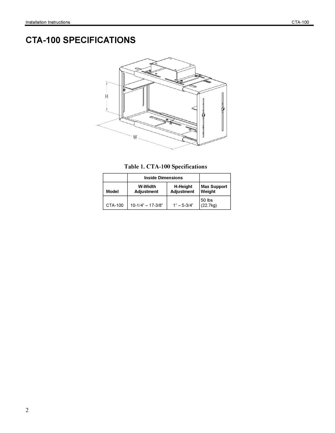 Chief Manufacturing installation instructions CTA-100 Specifications 