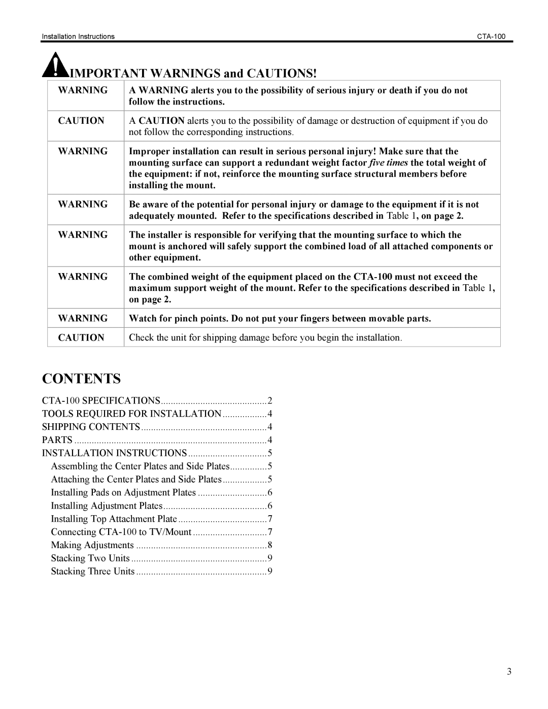 Chief Manufacturing CTA-100 installation instructions Contents 