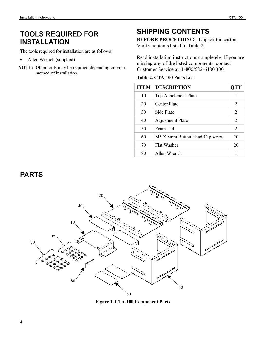 Chief Manufacturing CTA-100 installation instructions Tools Required for Installation, Shipping Contents, Parts 