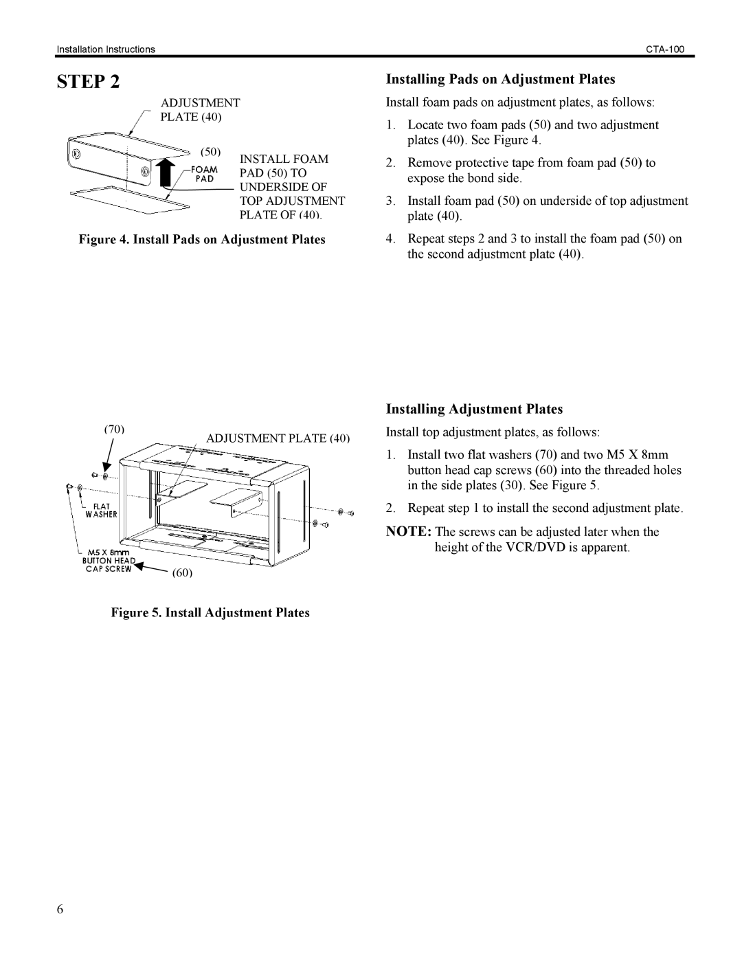 Chief Manufacturing CTA-100 installation instructions Installing Pads on Adjustment Plates, Installing Adjustment Plates 