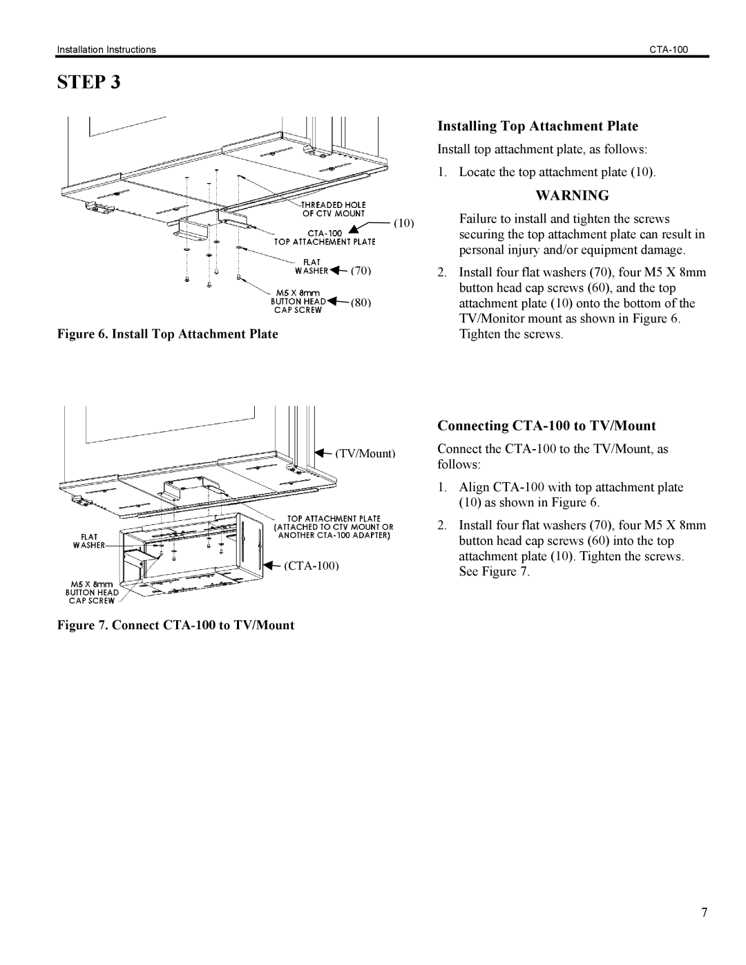 Chief Manufacturing installation instructions Installing Top Attachment Plate, Connecting CTA-100 to TV/Mount 