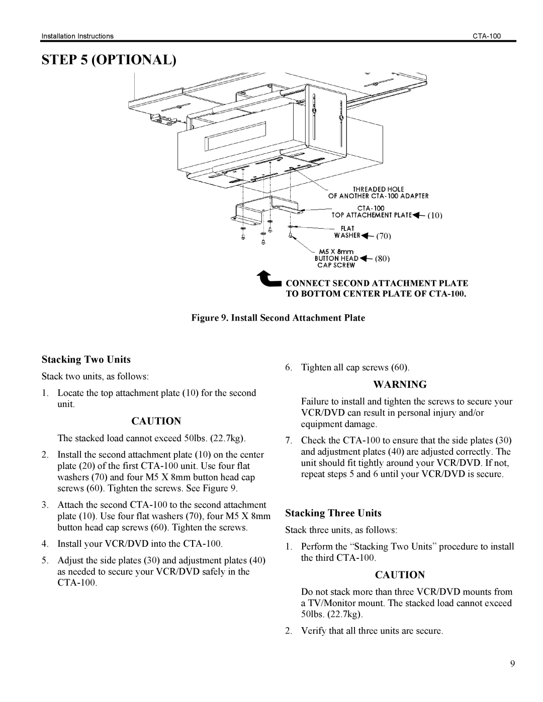 Chief Manufacturing CTA-100 installation instructions Optional, Stacking Two Units, Stacking Three Units 