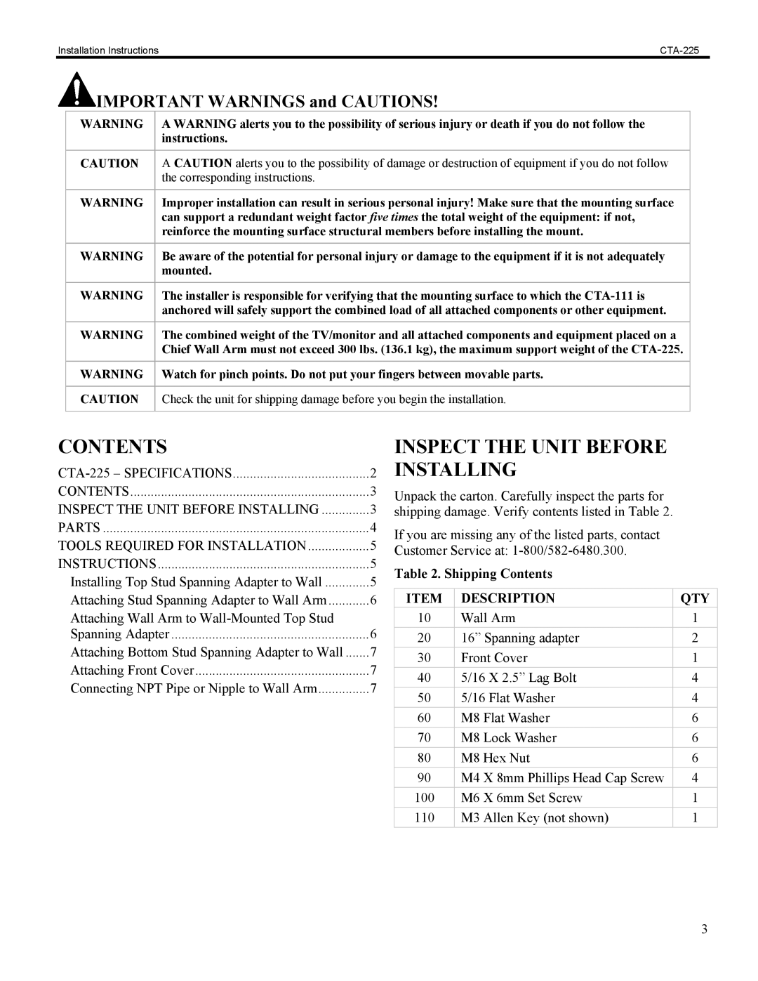 Chief Manufacturing CTA-225 installation instructions Contents, Inspect the Unit Before Installing 