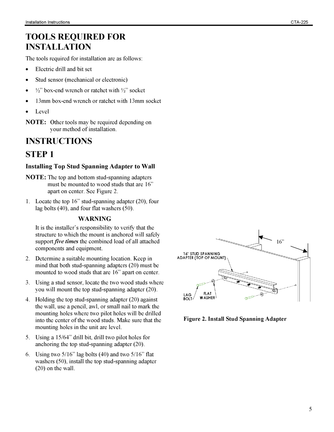 Chief Manufacturing CTA-225 installation instructions Tools Required for Installation, Instructions Step 