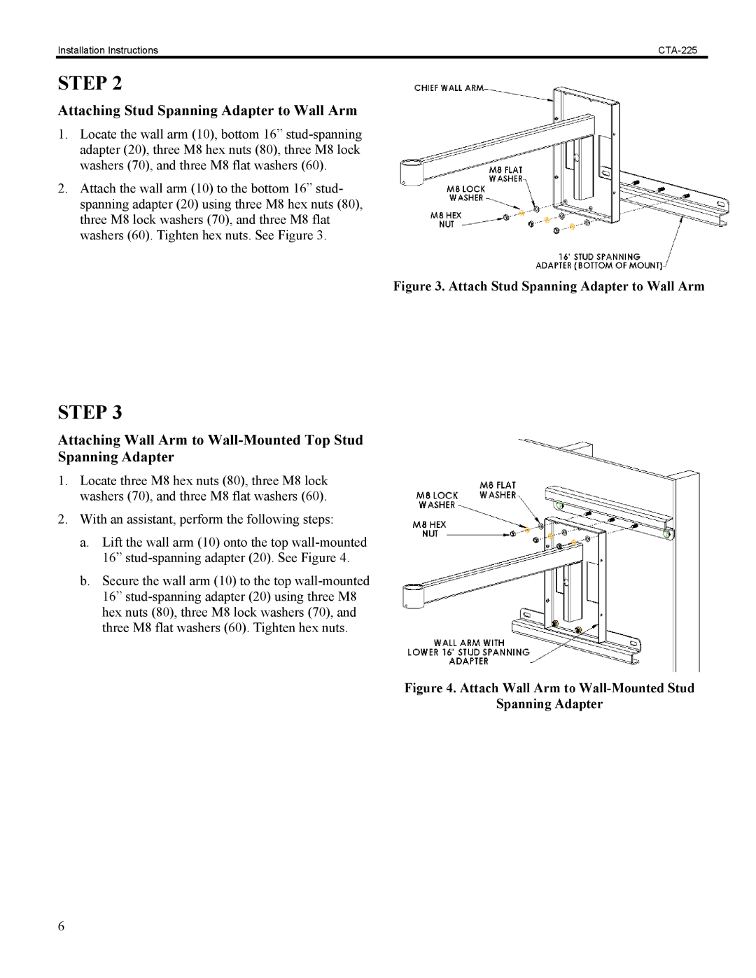 Chief Manufacturing CTA-225 installation instructions Attaching Stud Spanning Adapter to Wall Arm 