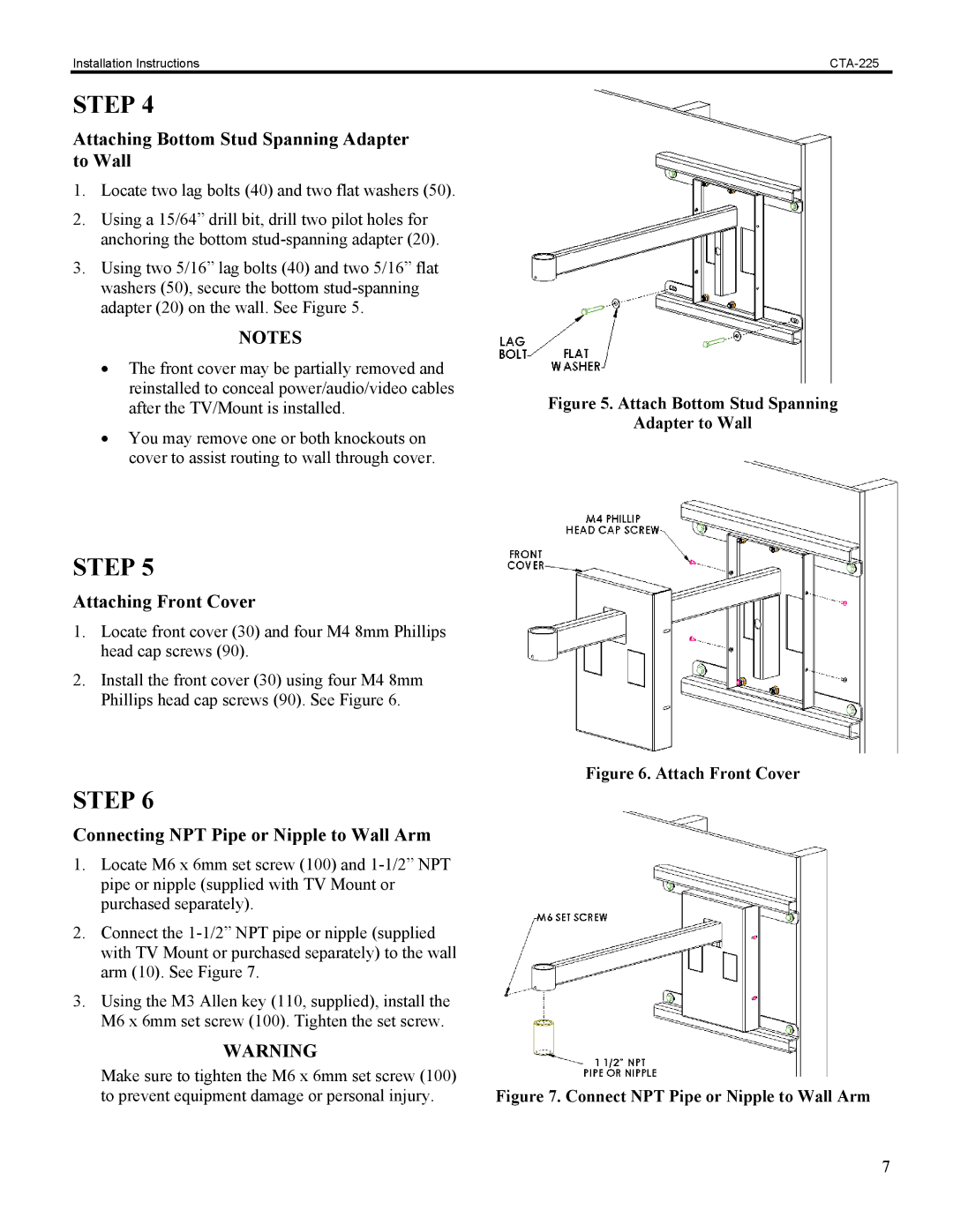 Chief Manufacturing CTA-225 installation instructions Attaching Bottom Stud Spanning Adapter to Wall, Attaching Front Cover 