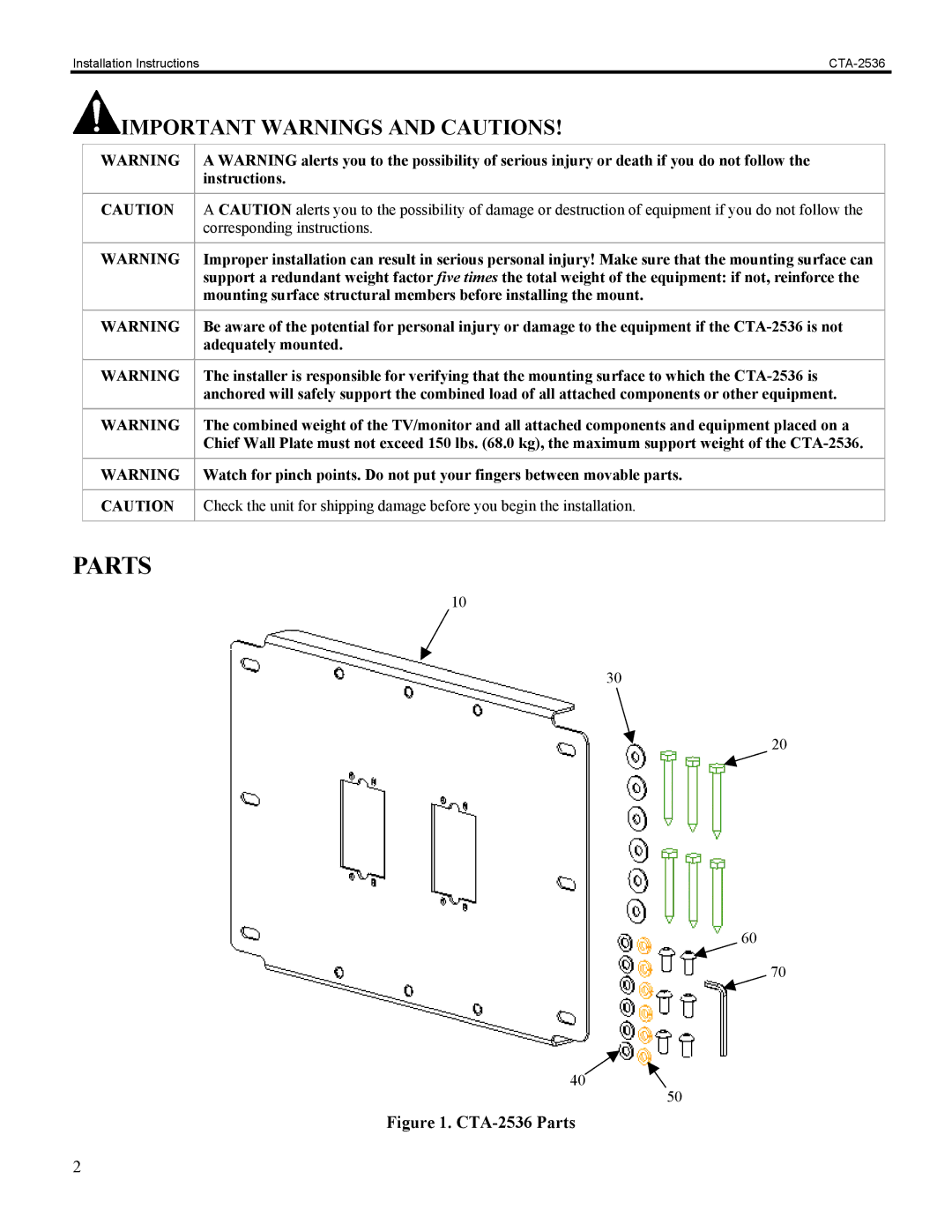 Chief Manufacturing CTA-2536 installation instructions Parts, Important Warnings and Cautions 