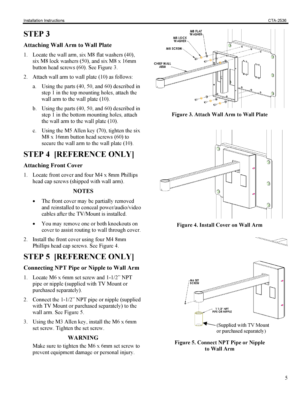 Chief Manufacturing CTA-2536 Reference only, Attaching Wall Arm to Wall Plate, Attaching Front Cover 