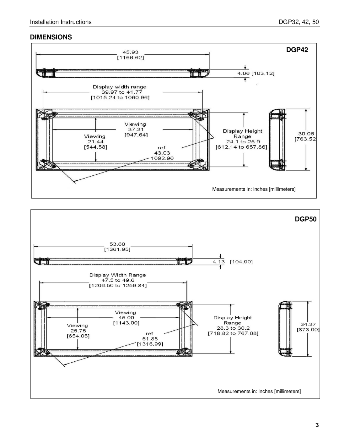 Chief Manufacturing DGP50, DGP32 installation instructions Dimensions DGP42 