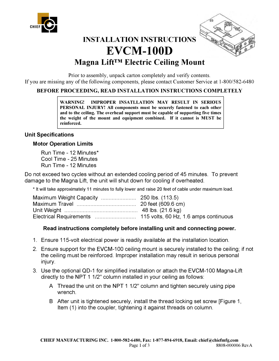 Chief Manufacturing EVCM-100D installation instructions Magna Lift Electric Ceiling Mount 