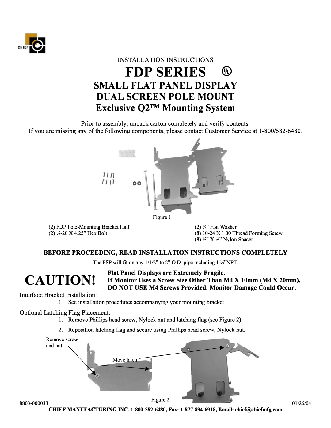 Chief Manufacturing FDP Series installation instructions Fdp Series, Small Flat Panel Display Dual Screen Pole Mount 