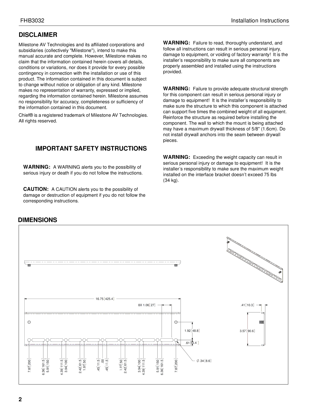 Chief Manufacturing FHB3032 installation instructions Disclaimer, Important Safety Instructions 