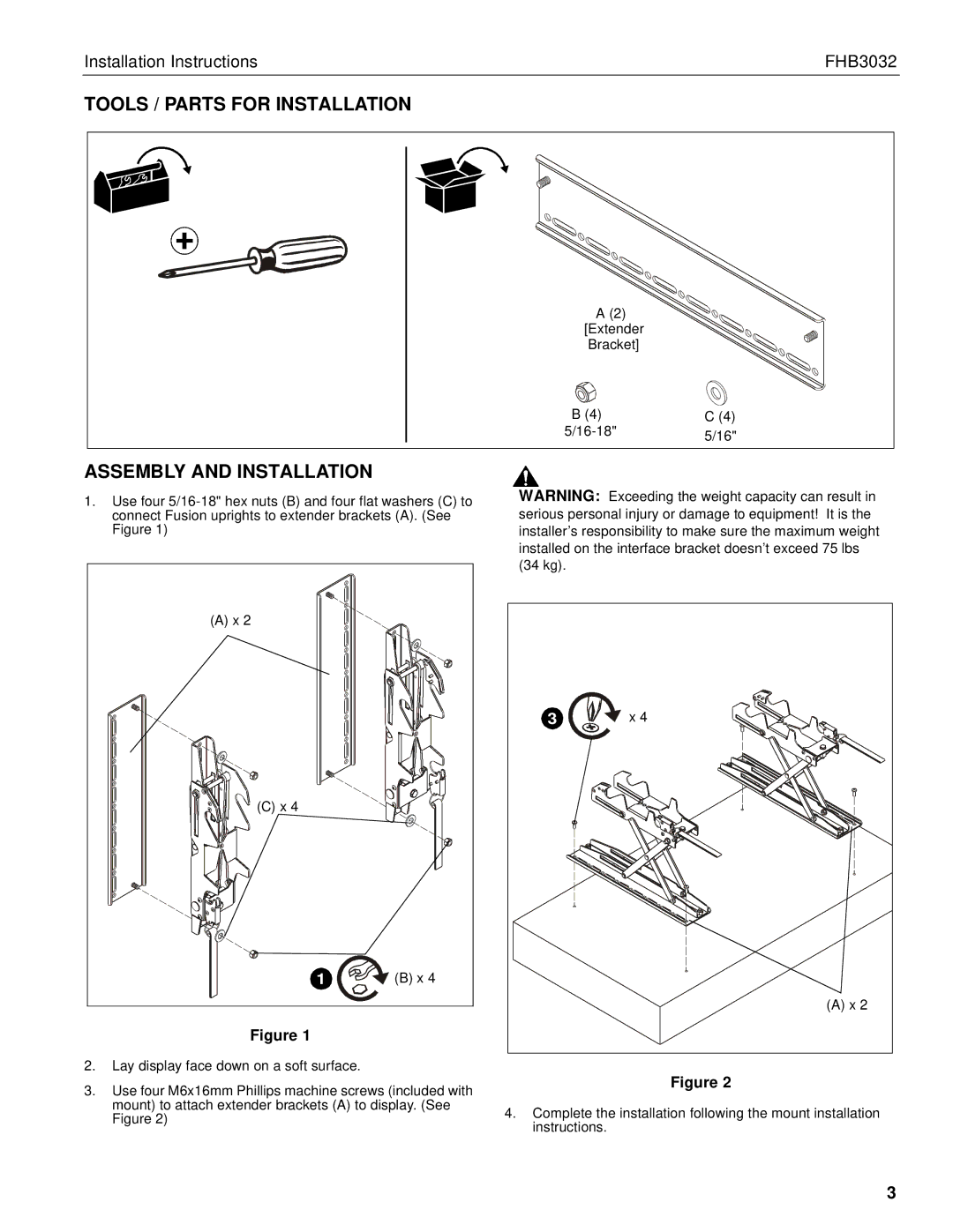 Chief Manufacturing FHB3032 installation instructions Tools / Parts for Installation, Assembly and Installation 