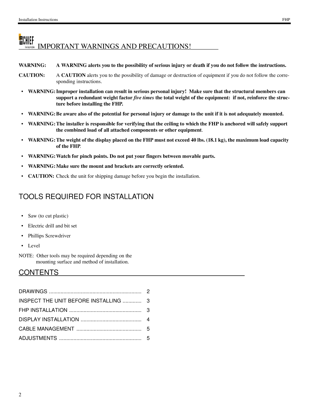 Chief Manufacturing VESA 100mm, FHP-110, VESA 75mm installation instructions Tools Required for Installation, Contents 