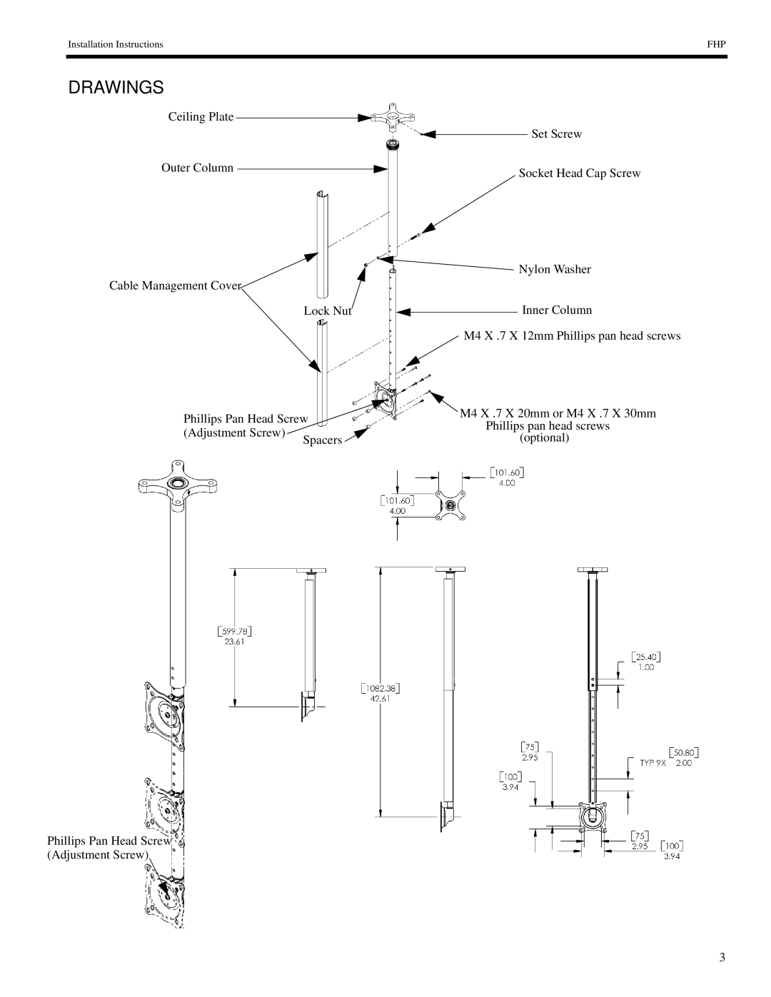 Chief Manufacturing FHP-110, VESA 75mm, VESA 100mm installation instructions Drawings 