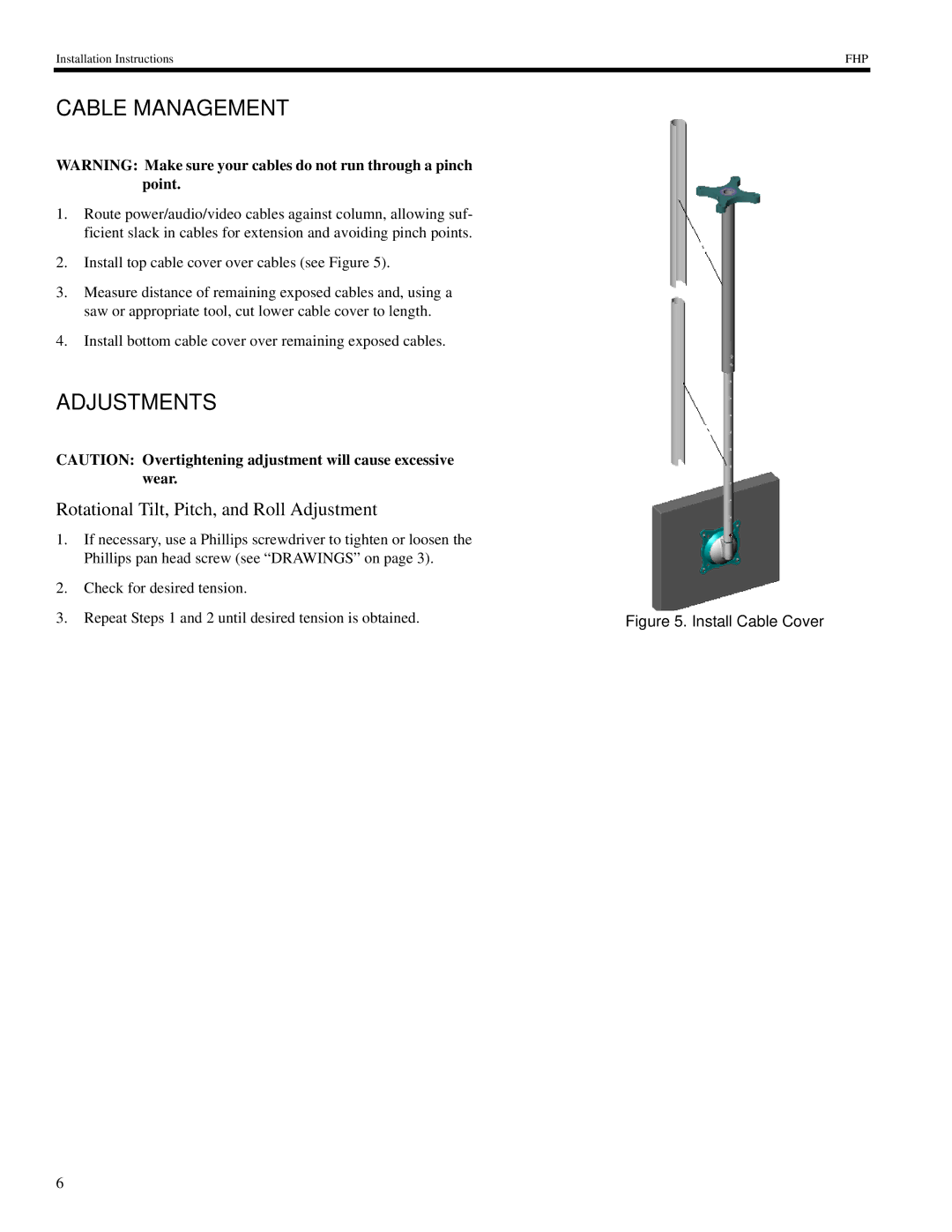 Chief Manufacturing FHP-110, VESA 75mm Cable Management, Adjustments, Rotational Tilt, Pitch, and Roll Adjustment 