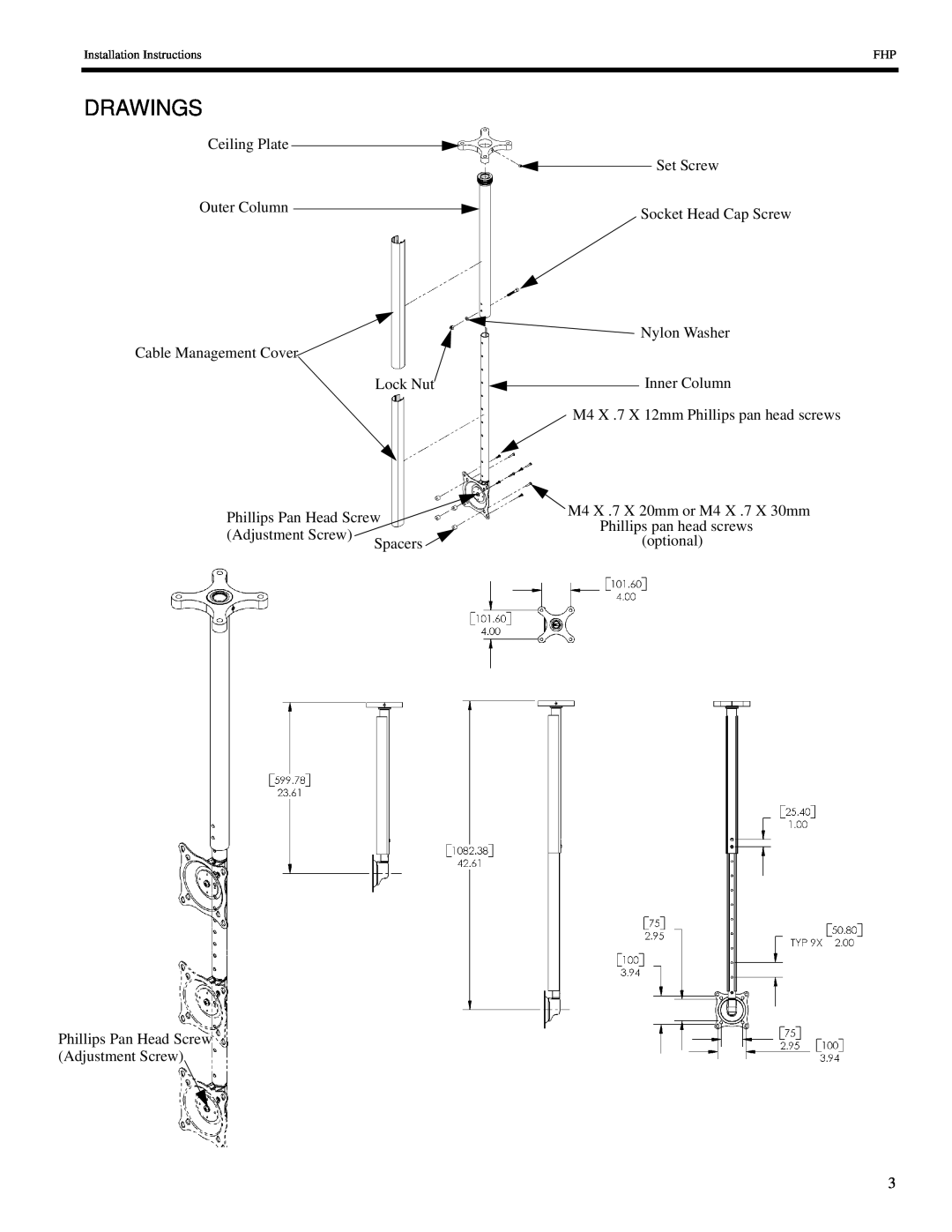 Chief Manufacturing FHP-110 Drawings, Ceiling Plate Outer Column Cable Management Cover Lock Nut, Phillips Pan Head Screw 