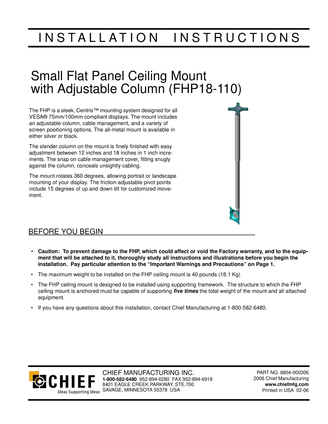 Chief Manufacturing FHP18-110 installation instructions Before YOU Begin, Chief Manufacturing INC 