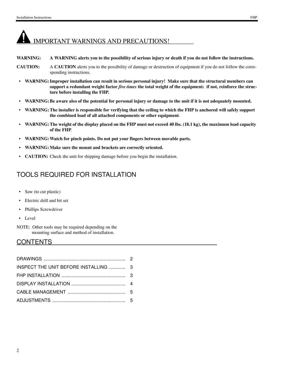 Chief Manufacturing FHP18-110 installation instructions Tools Required for Installation, Contents 