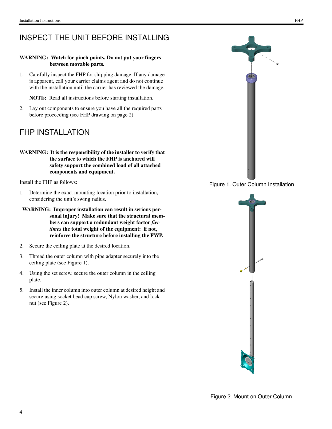 Chief Manufacturing FHP18-110 installation instructions Inspect the Unit Before Installing, FHP Installation 