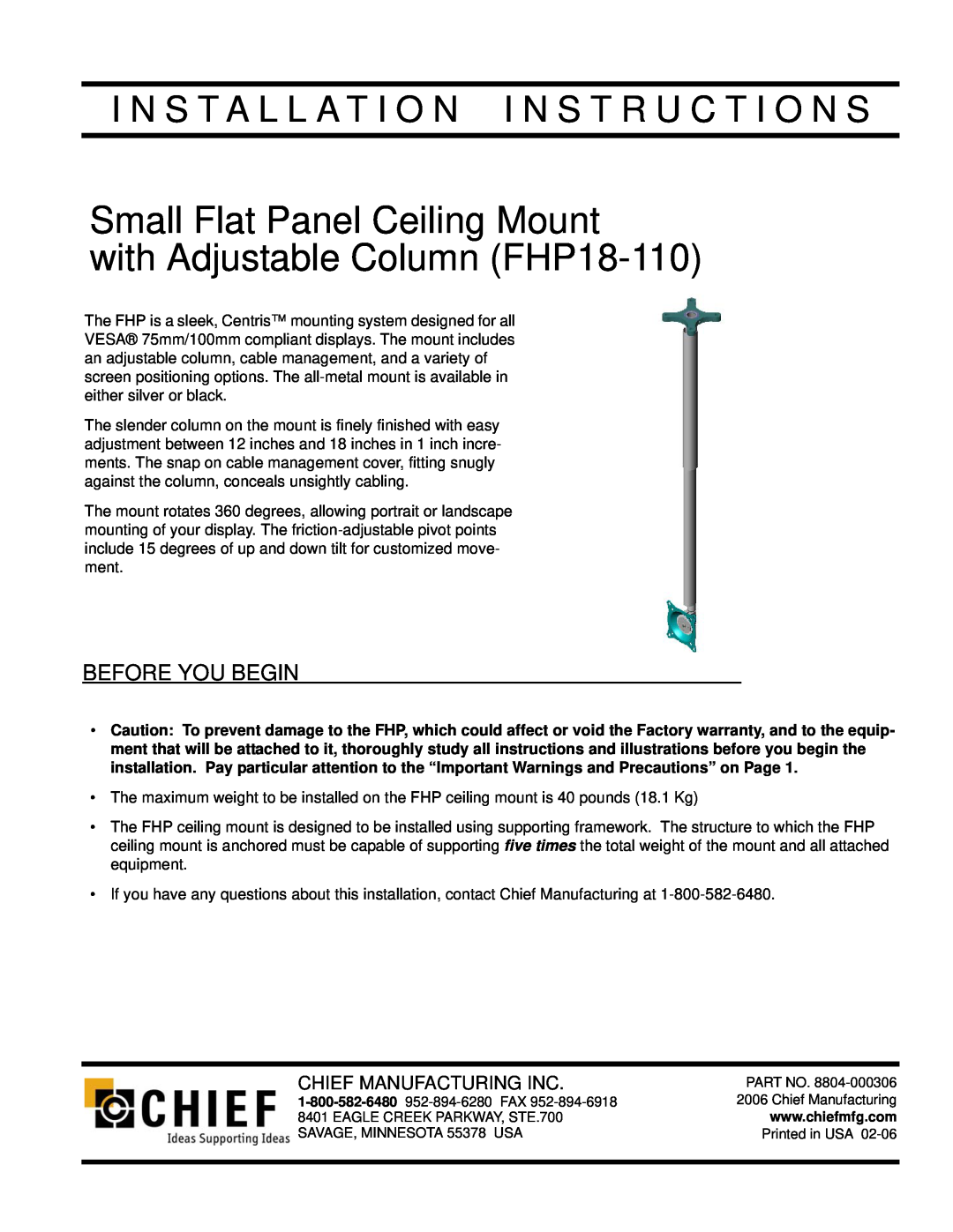 Chief Manufacturing FHP18-110 installation instructions Before You Begin, Small Flat Panel Ceiling Mount 