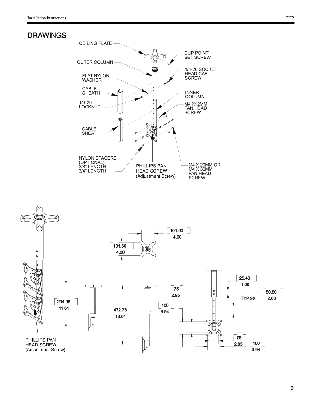Chief Manufacturing FHP18-110 Drawings, PHILLIPS PAN HEAD SCREW Adjustment Screw, Installation Instructions 