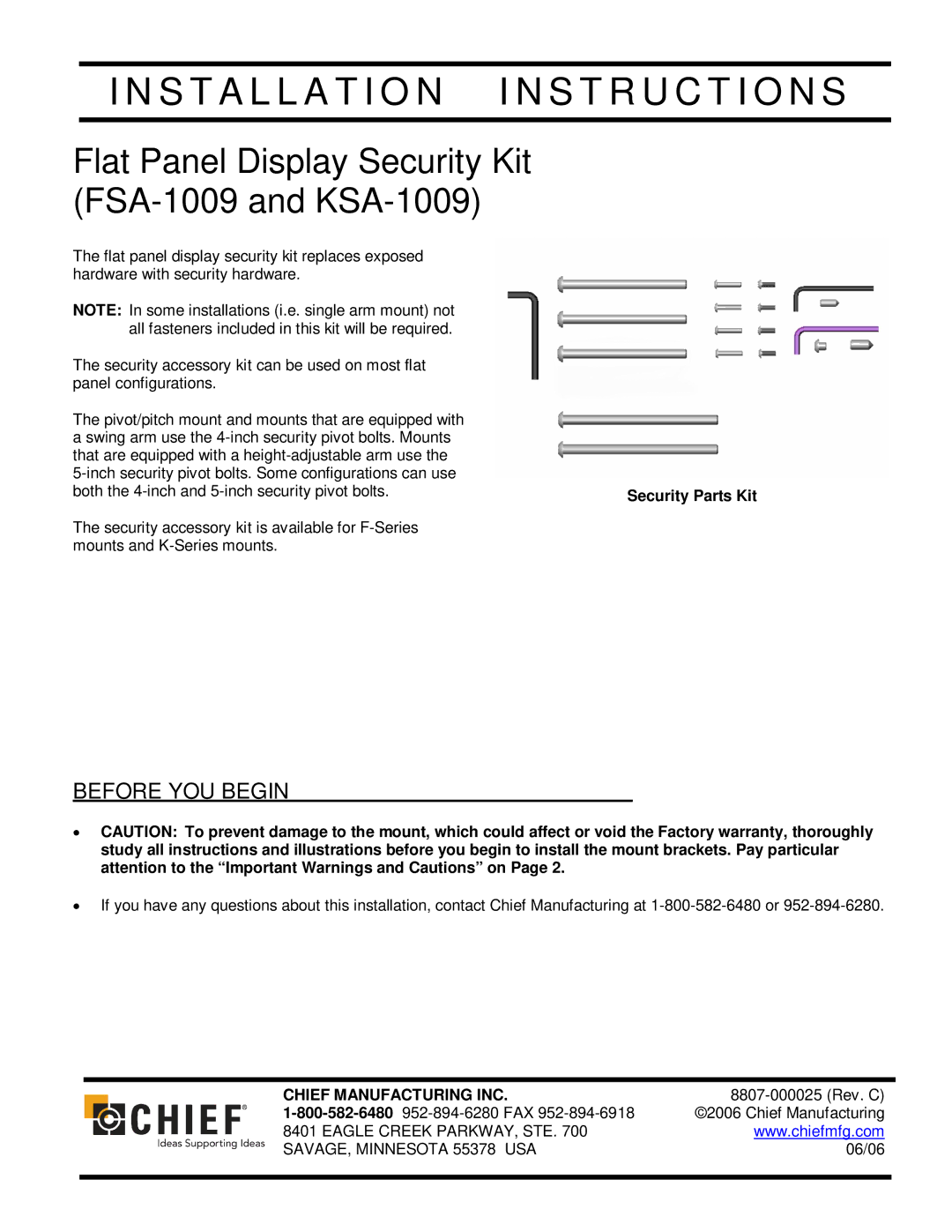 Chief Manufacturing KSA-1009 installation instructions Installation I N S T R U C T I O N S, Chief Manufacturing INC 