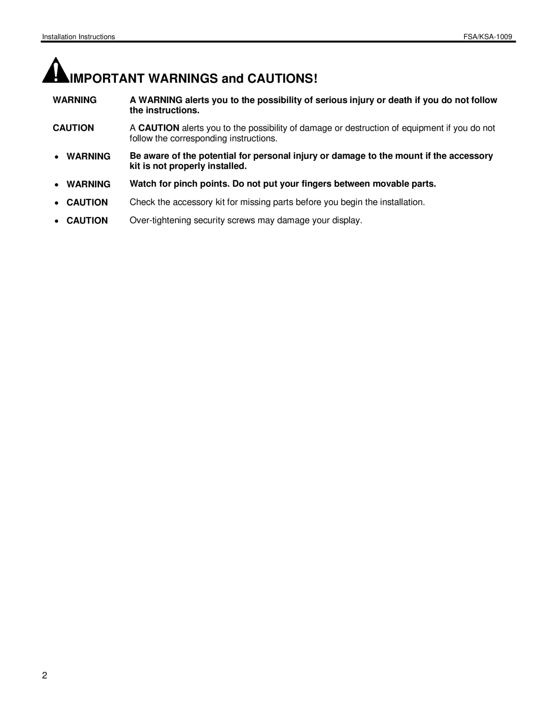 Chief Manufacturing FSA-100, KSA-1009 installation instructions Important Warnings and Cautions 