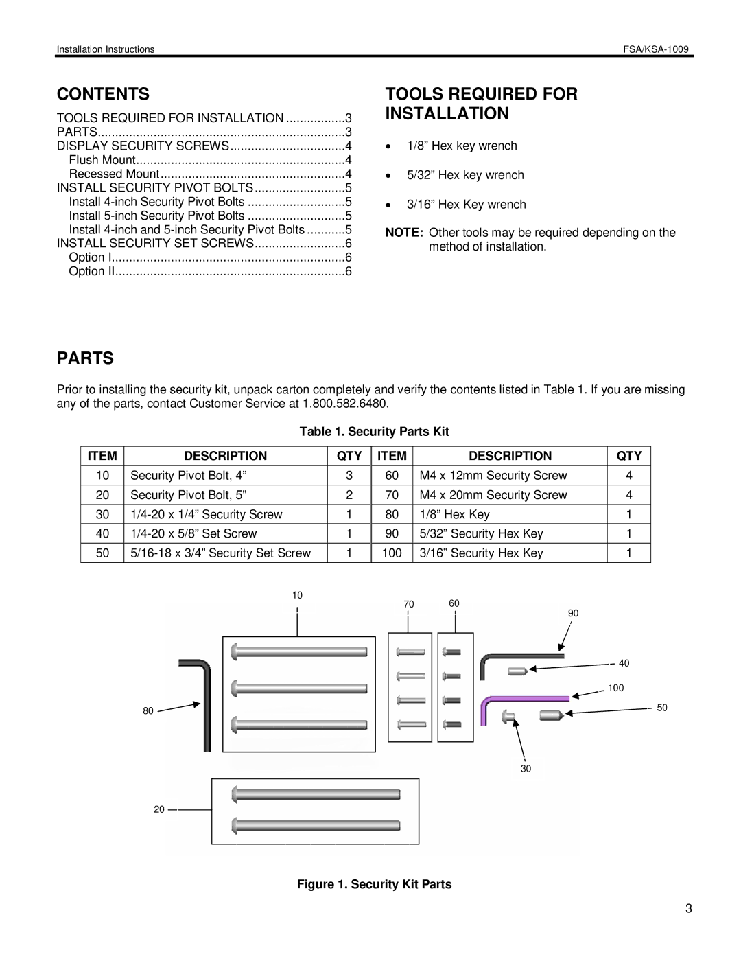 Chief Manufacturing KSA-1009, FSA-100 installation instructions Tools Required for Installation, Parts 