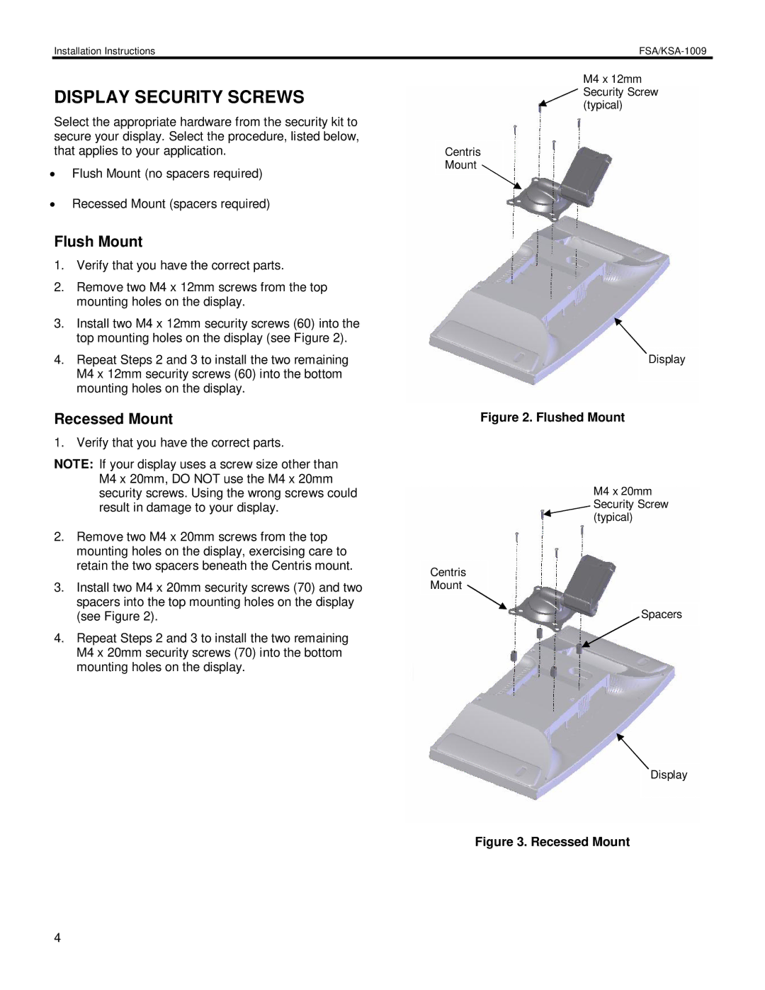 Chief Manufacturing FSA-100, KSA-1009 installation instructions Display Security Screws, Flush Mount, Recessed Mount 