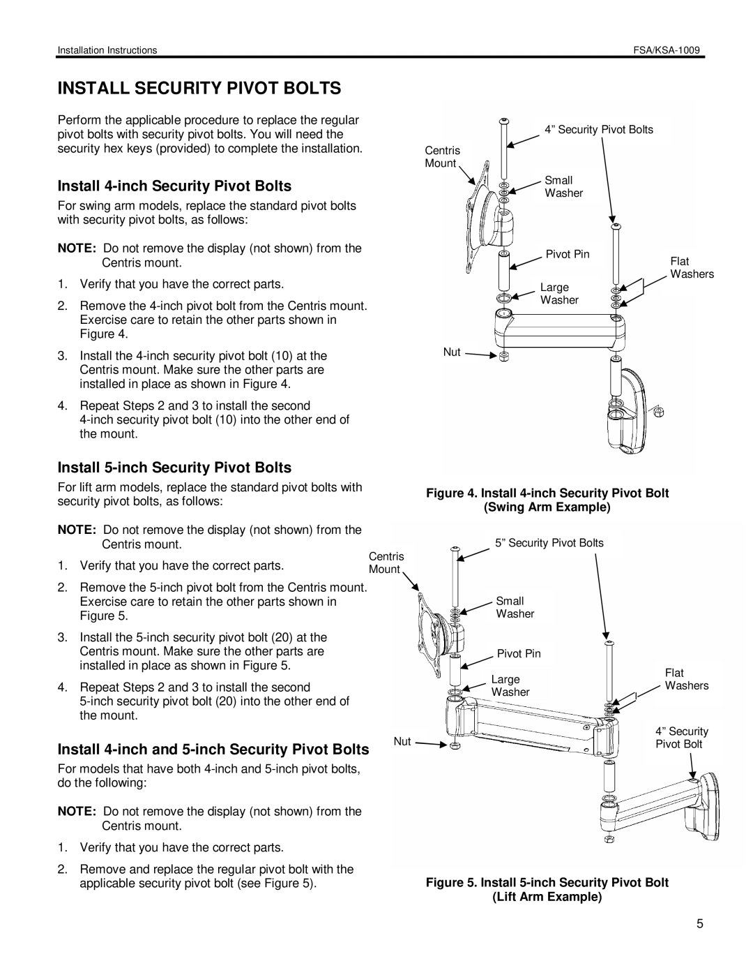 Chief Manufacturing KSA-1009, FSA-100 Install Security Pivot Bolts, Install 4-inch Security Pivot Bolts 