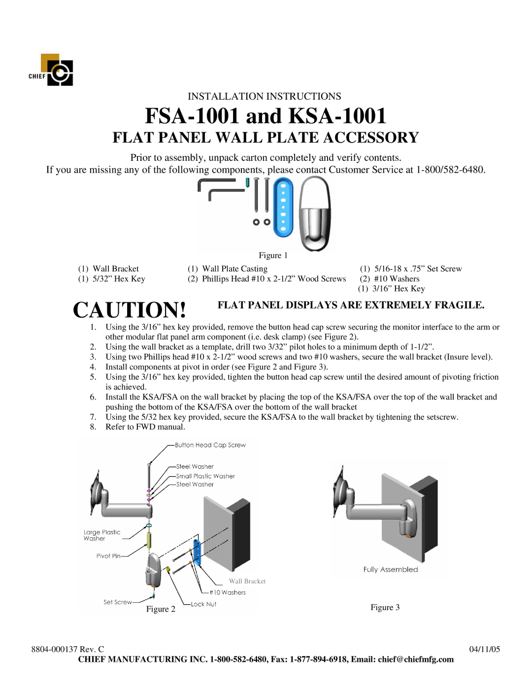 Chief Manufacturing installation instructions FSA-1001 and KSA-1001, Flat Panel Wall Plate Accessory 