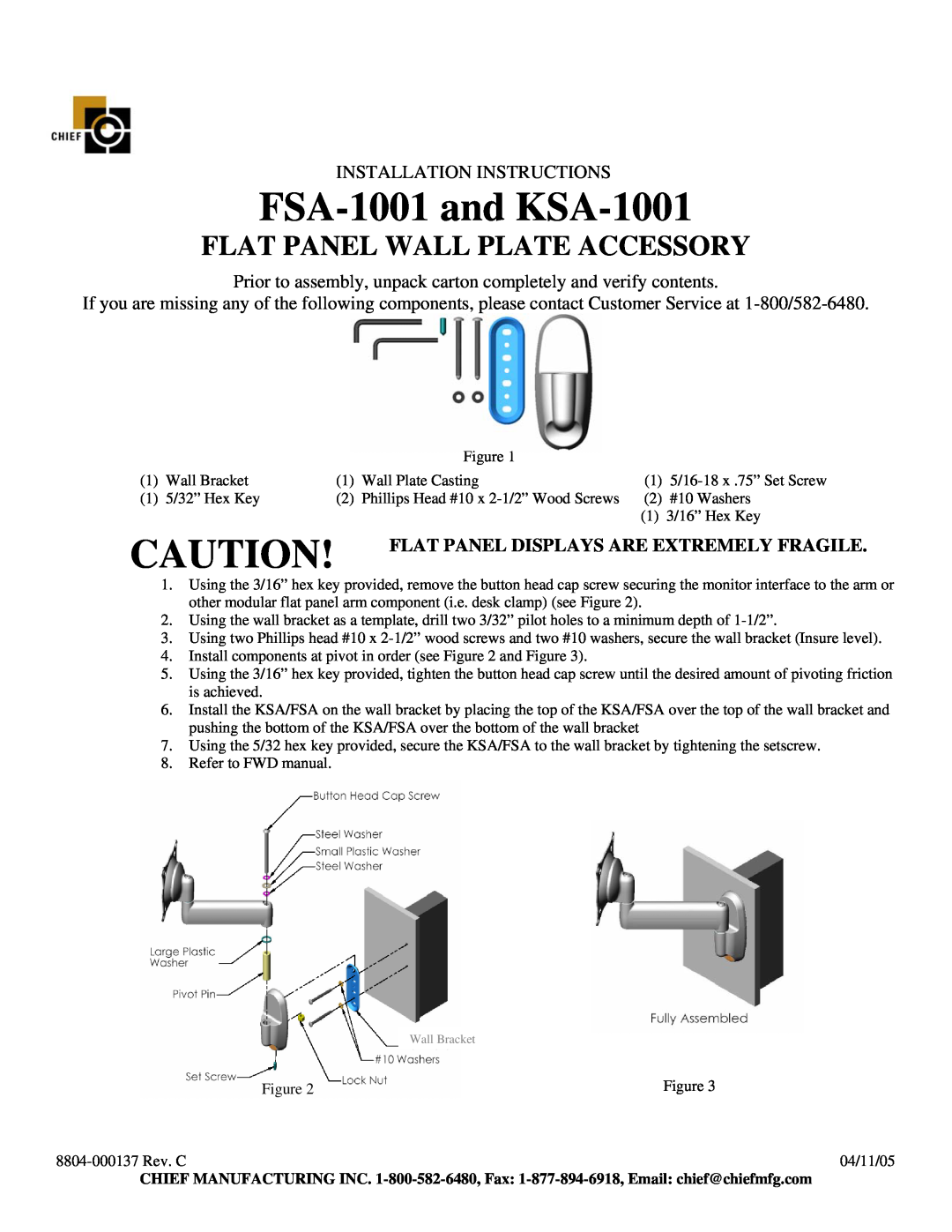 Chief Manufacturing installation instructions FSA-1001and KSA-1001, Flat Panel Wall Plate Accessory 