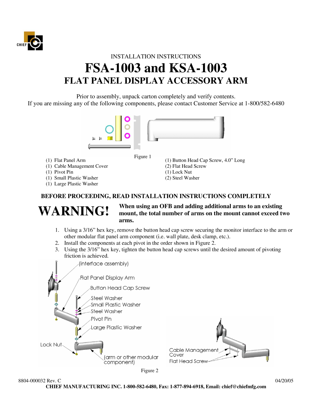 Chief Manufacturing installation instructions FSA-1003 and KSA-1003, Flat Panel Display Accessory ARM 