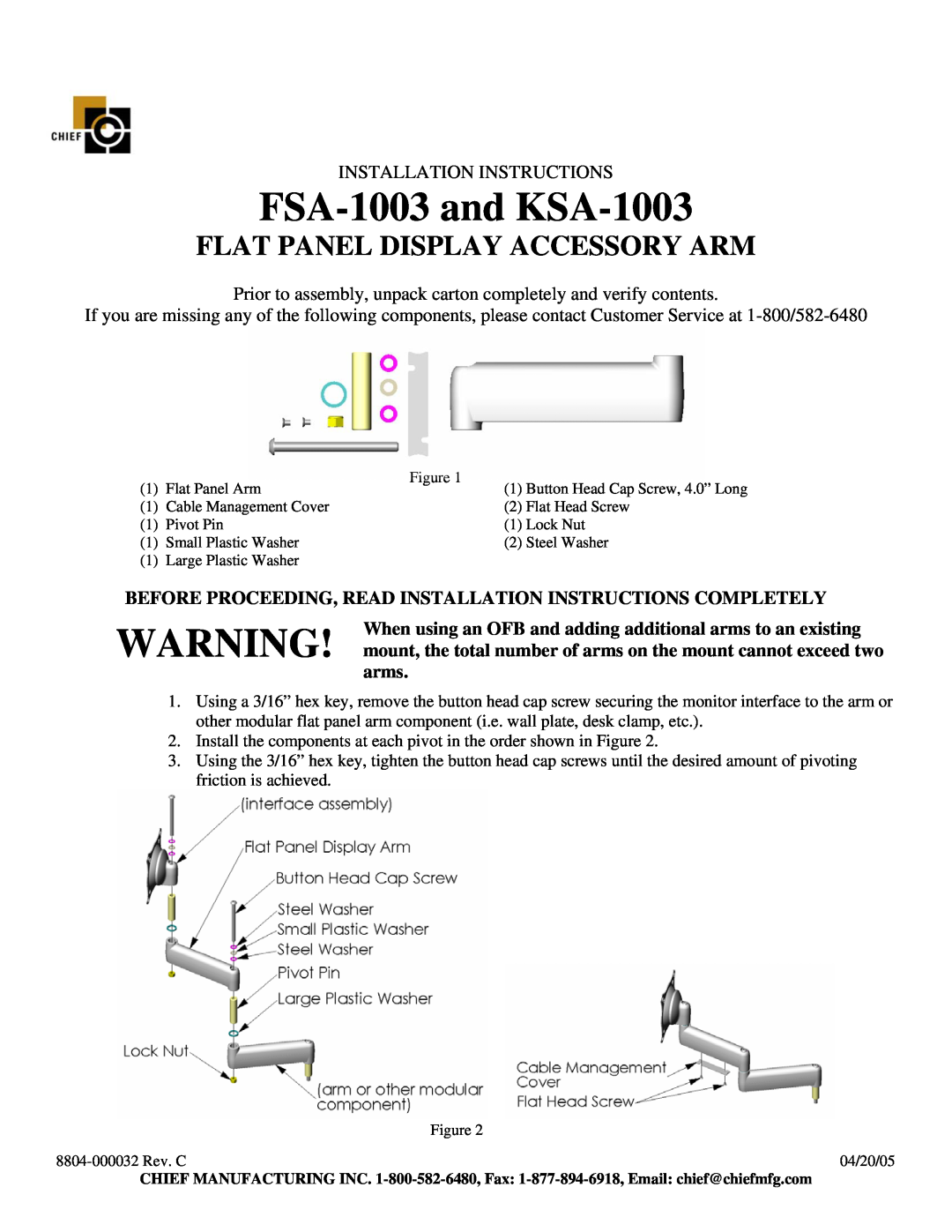 Chief Manufacturing installation instructions FSA-1003and KSA-1003, Flat Panel Display Accessory Arm 