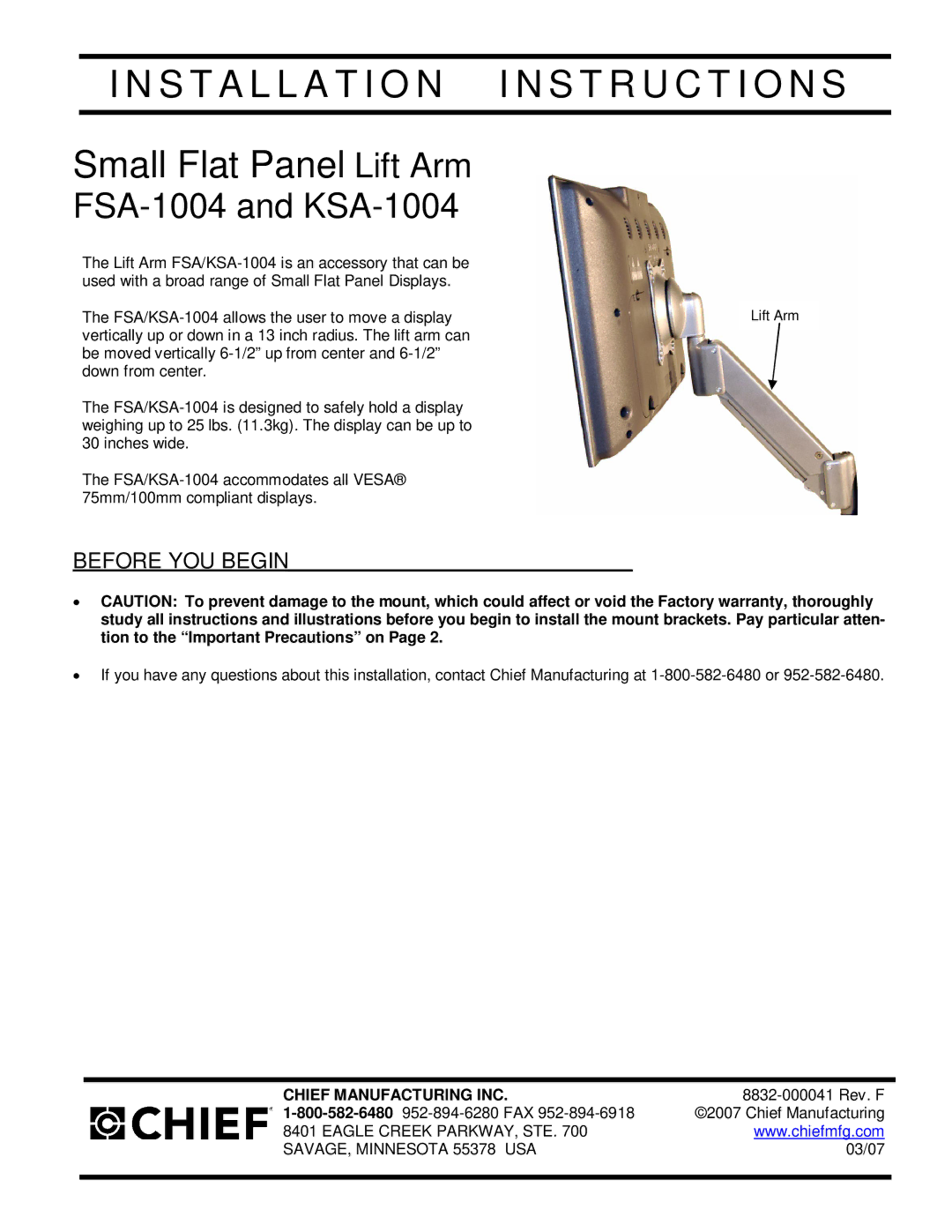 Chief Manufacturing KSA-1004 installation instructions Installation I N S T R U C T I O N S, Chief Manufacturing INC 