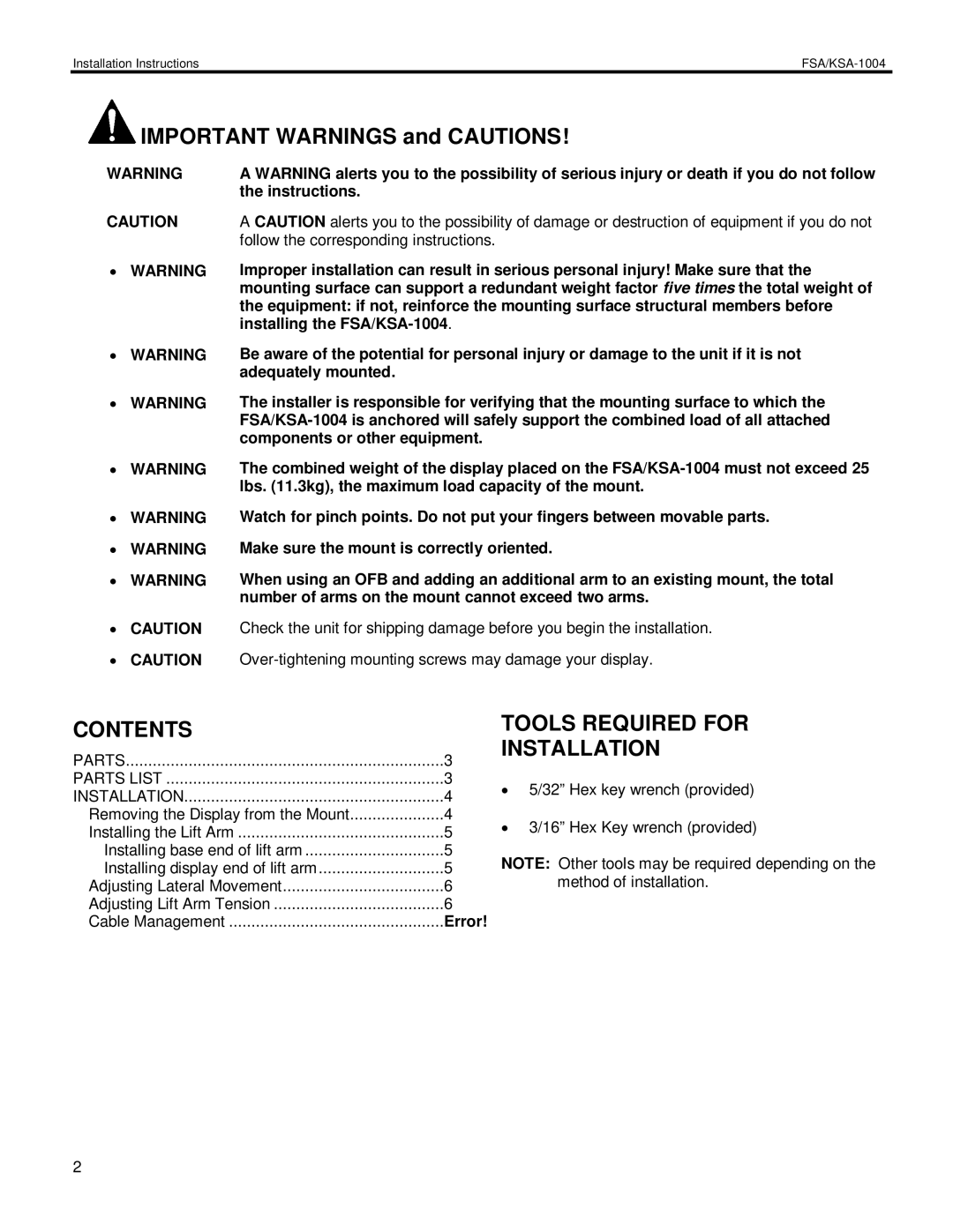 Chief Manufacturing FSA-1004, KSA-1004 installation instructions Tools Required for, Installation 