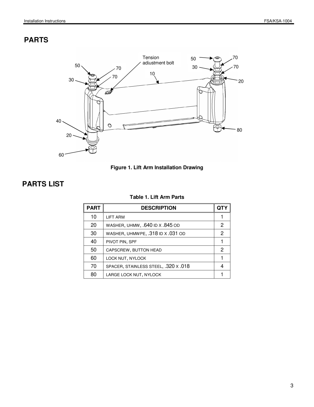 Chief Manufacturing KSA-1004, FSA-1004 installation instructions Parts List, Part Description QTY 