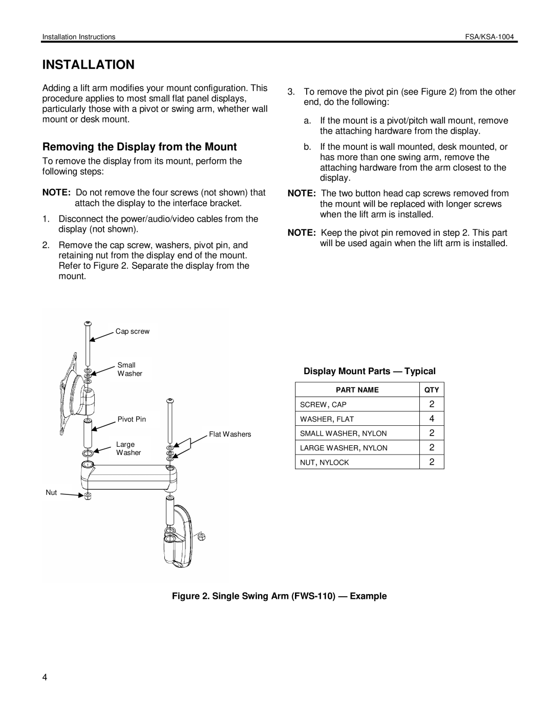 Chief Manufacturing FSA-1004, KSA-1004 Removing the Display from the Mount, Display Mount Parts Typical 