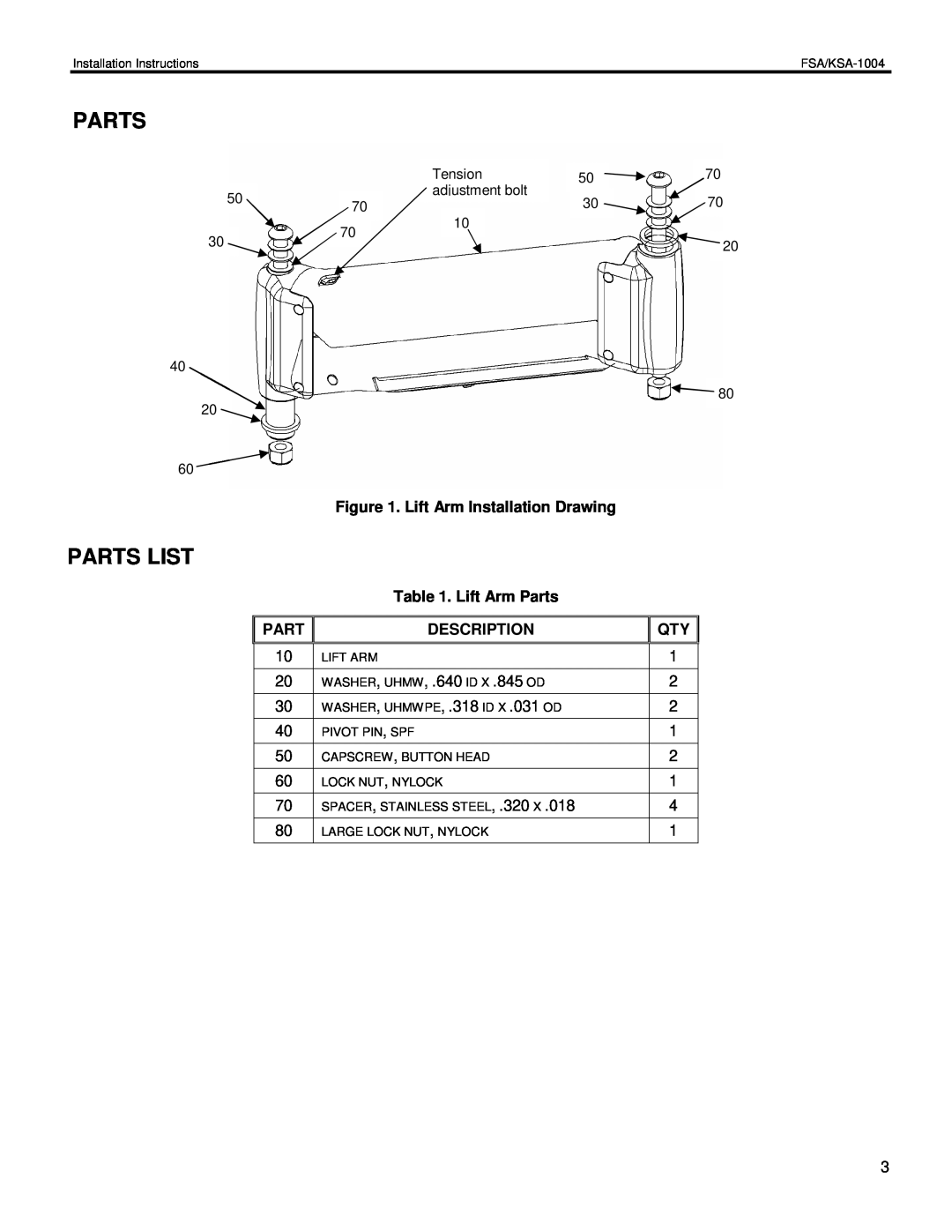 Chief Manufacturing KSA-1004, FSA-1004 Parts List, Lift Arm Installation Drawing, Lift Arm Parts, Description 