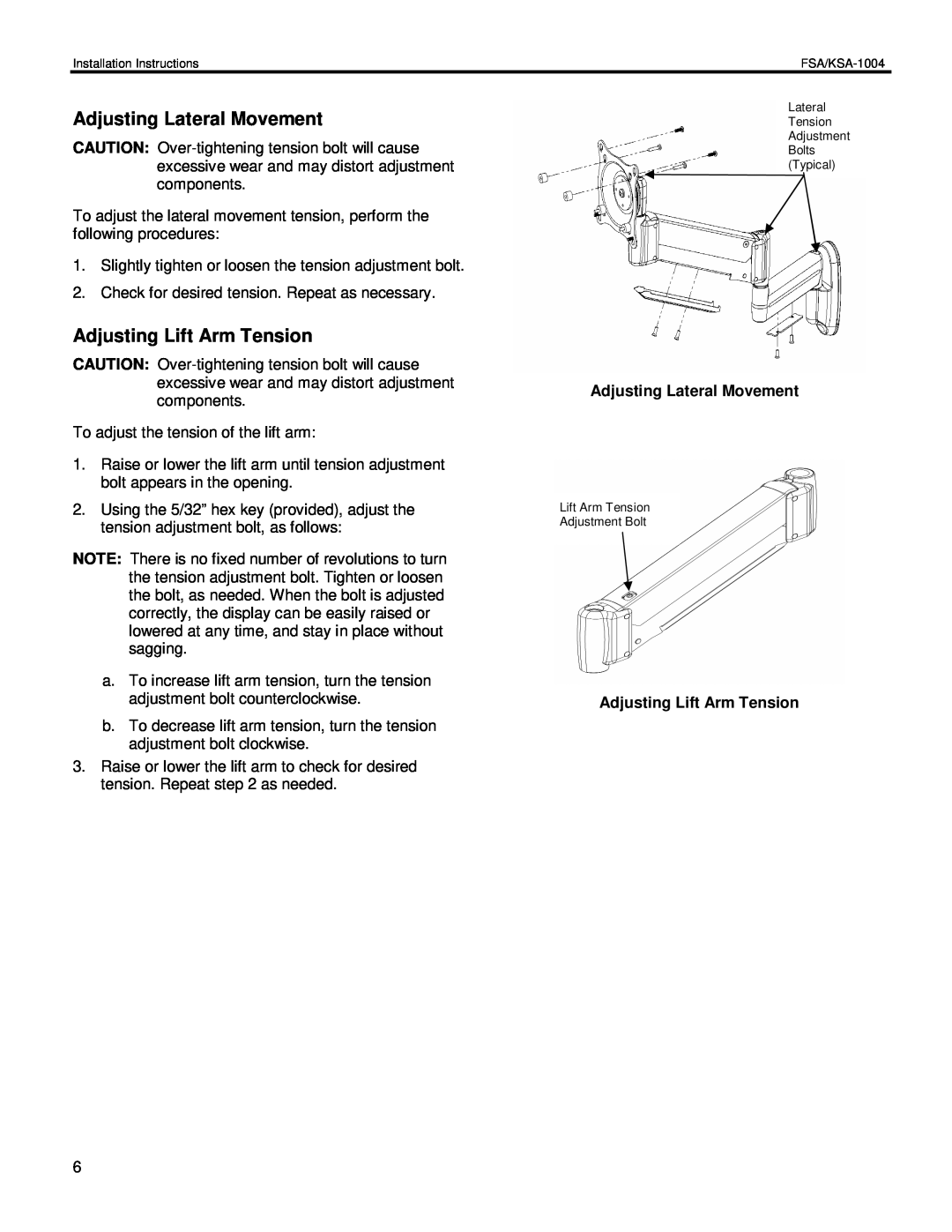 Chief Manufacturing FSA-1004, KSA-1004 installation instructions Adjusting Lateral Movement, Adjusting Lift Arm Tension 