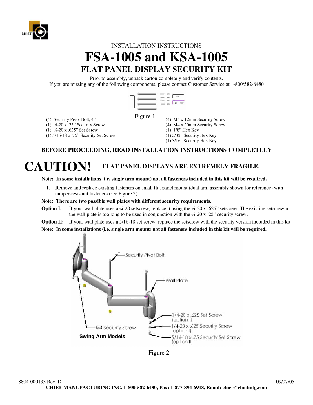 Chief Manufacturing installation instructions FSA-1005 and KSA-1005, Flat Panel Display Security KIT, Swing Arm Models 