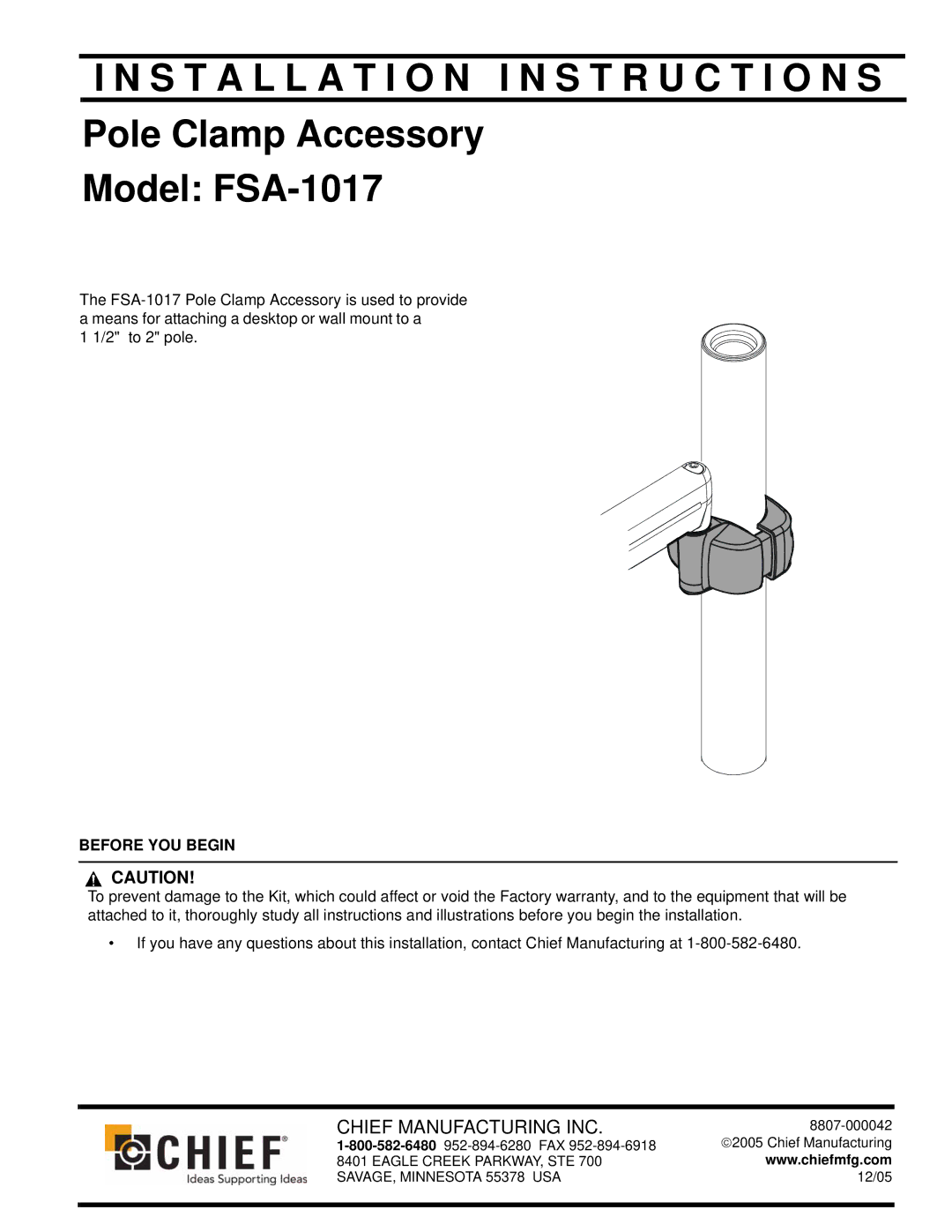 Chief Manufacturing FSA-1017 installation instructions Installation I N S T R U C T I O N S, Before YOU Begin 