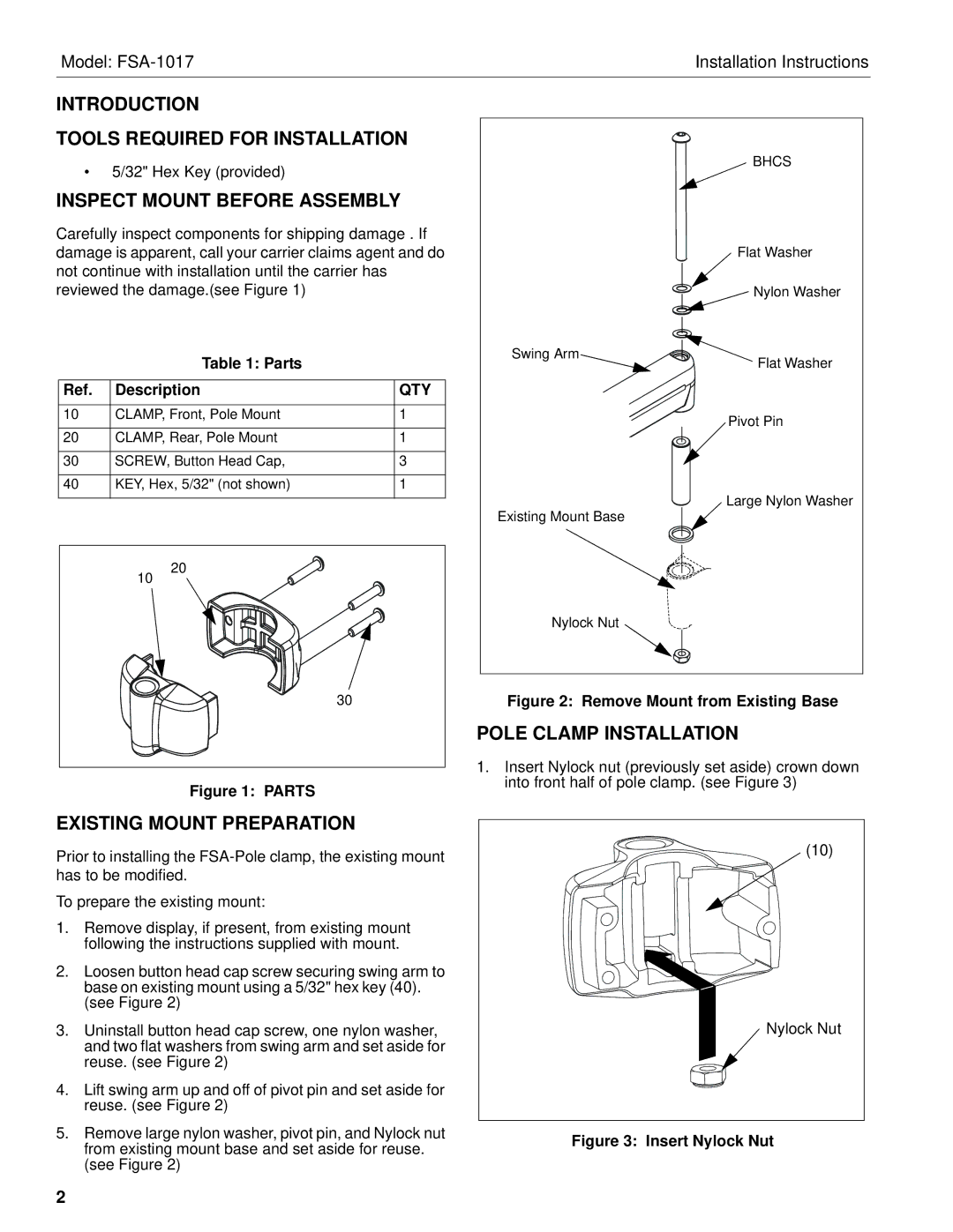 Chief Manufacturing FSA-1017 Introduction Tools Required for Installation, Inspect Mount Before Assembly, Qty 