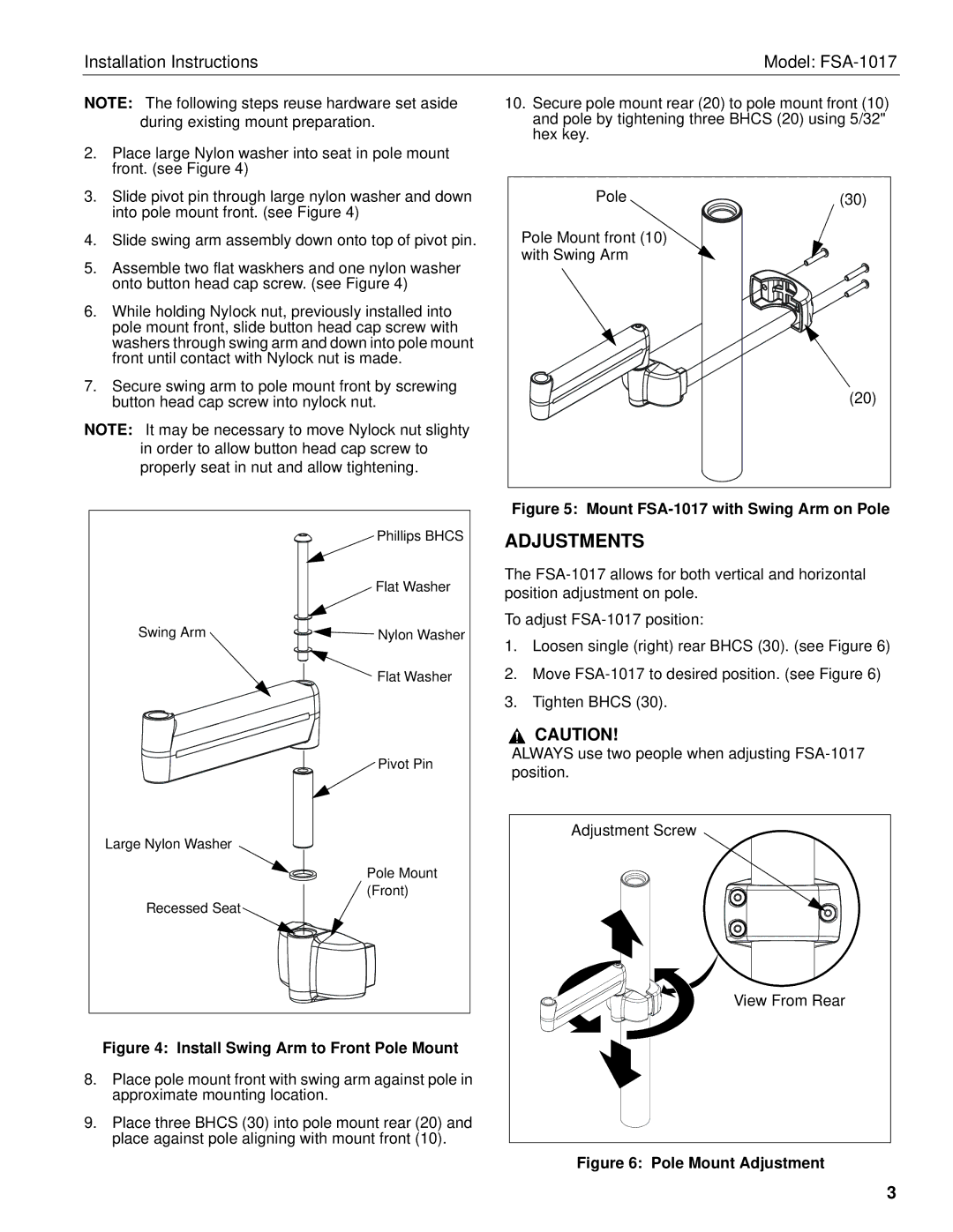 Chief Manufacturing installation instructions Adjustments, Installation Instructions Model FSA-1017 