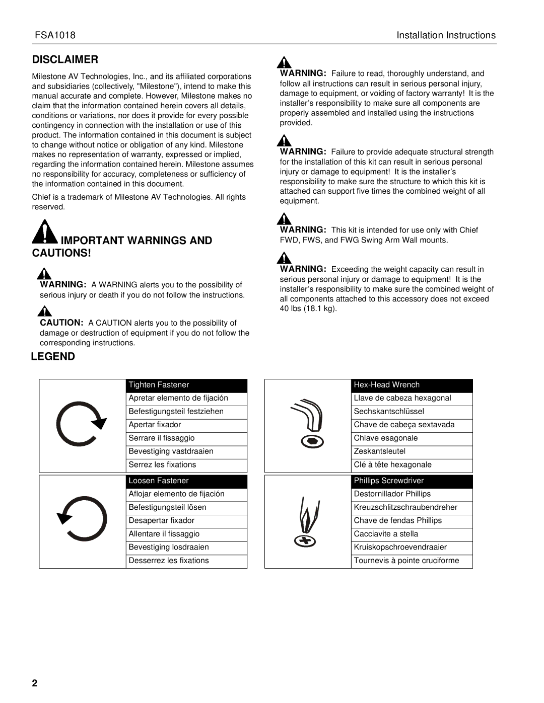 Chief Manufacturing FSA1018 installation instructions Disclaimer, Important Warnings and Cautions 