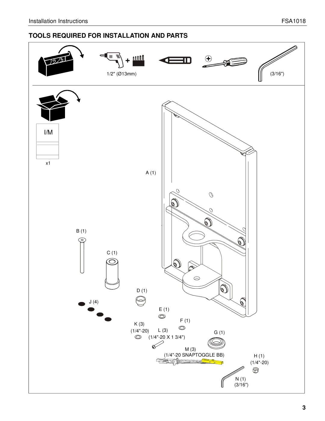 Chief Manufacturing FSA1018 installation instructions Tools Required for Installation and Parts 