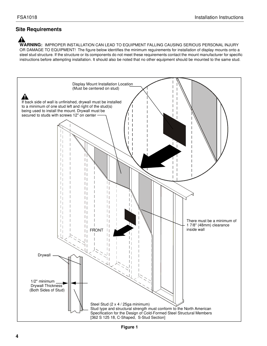 Chief Manufacturing FSA1018 installation instructions Site Requirements, Front 