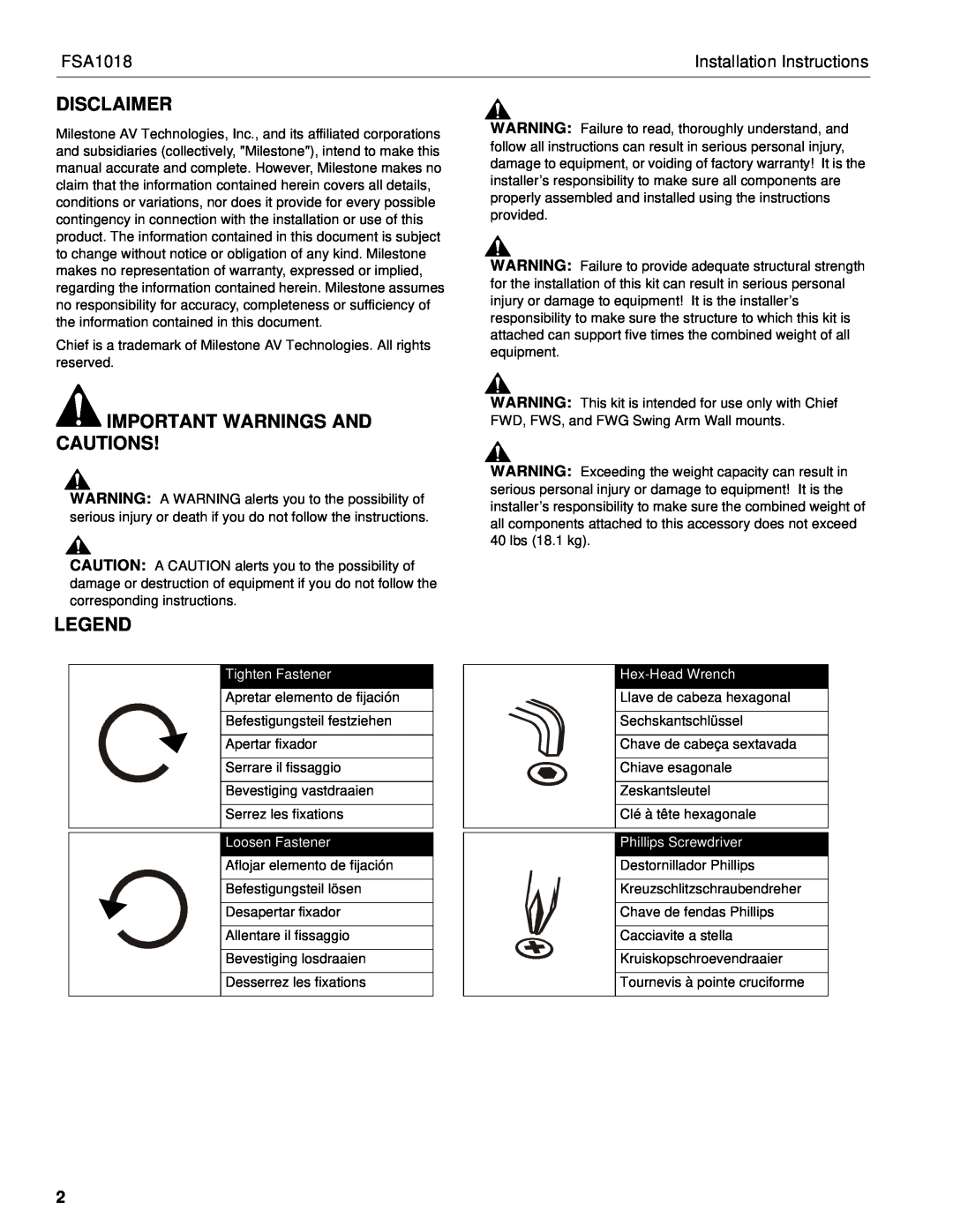Chief Manufacturing FSA1018 Disclaimer, Important Warnings And Cautions, Installation Instructions, Tighten Fastener 