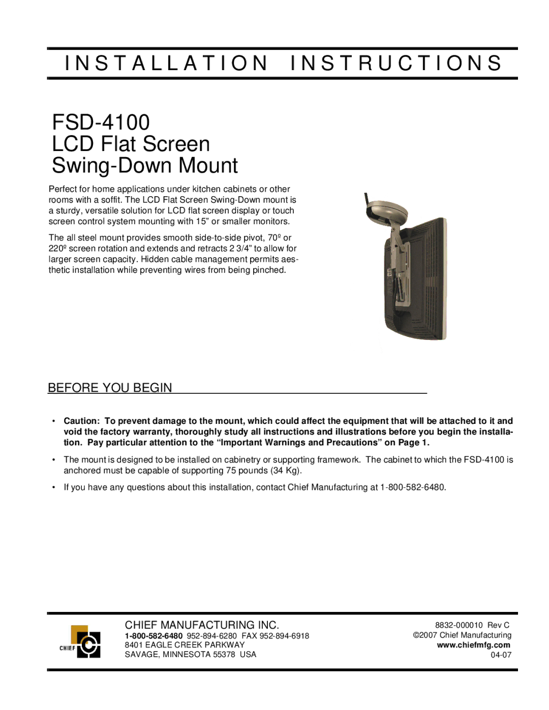 Chief Manufacturing installation instructions FSD-4100 LCD Flat Screen Swing-Down Mount, Before YOU Begin 